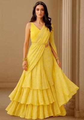 Yellow Georgette Printed Pre Draped Saree Set