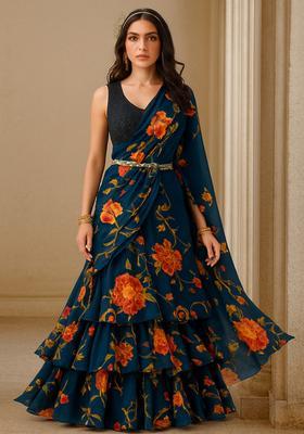 Teal Blue Georgette Printed Pre Draped Saree Set