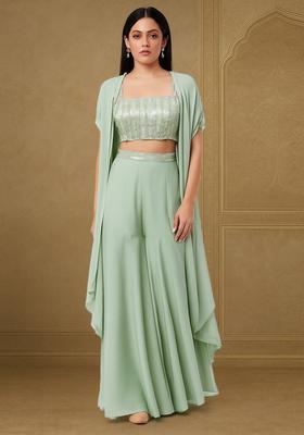 Sage Green Georgette Embellished Blouse Fusion Set