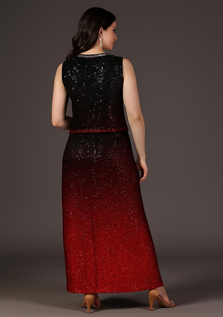 Black And Red Sequin Jacket Chinon Fusion Set - Indya