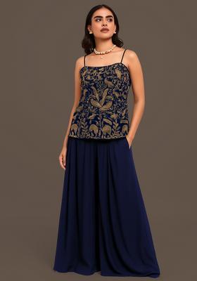 Dark Blue Embroidered Velvet Sharara Set