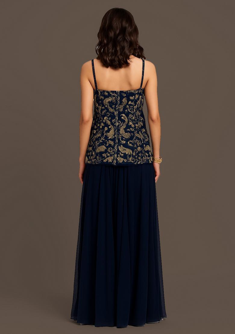 Dark Blue Embroidered Velvet Sharara Set - Indya