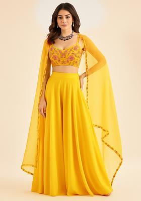 Yellow Georgette Embellished Blouse Fusion Set