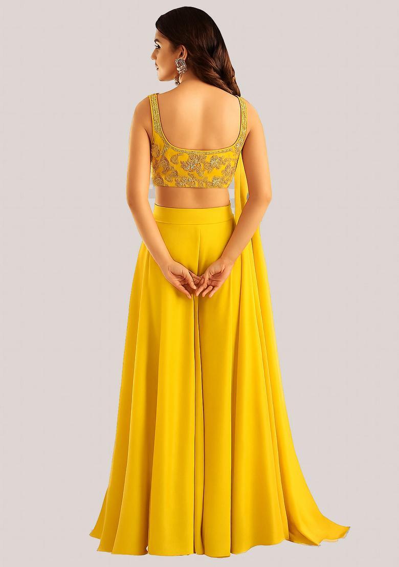 Yellow Georgette Embellished Blouse Fusion Set - Indya