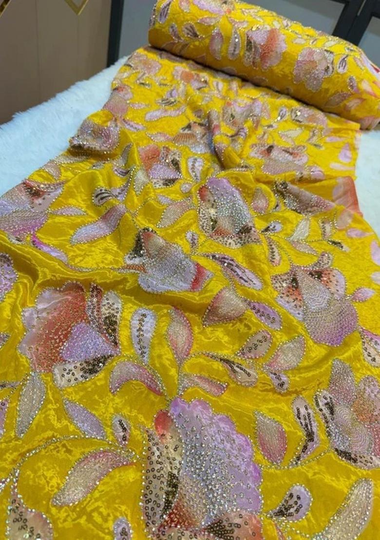 Yellow Georgette Embellished Blouse Fusion Set - Indya