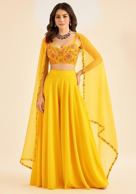 Yellow Georgette Embellished Blouse Fusion Set