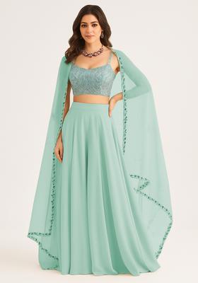 Sky Blue Net Embellished Blouse Fusion Set