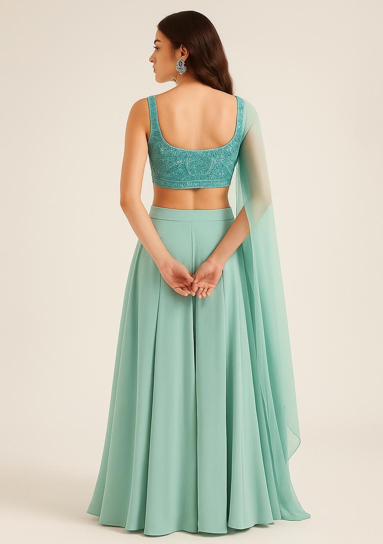 Sky Blue Net Embellished Blouse Fusion Set - Indya