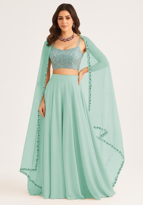 Sky Blue Net Embellished Blouse Fusion Set