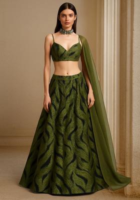 Henna Green Organza Jacquard Lehenga Set