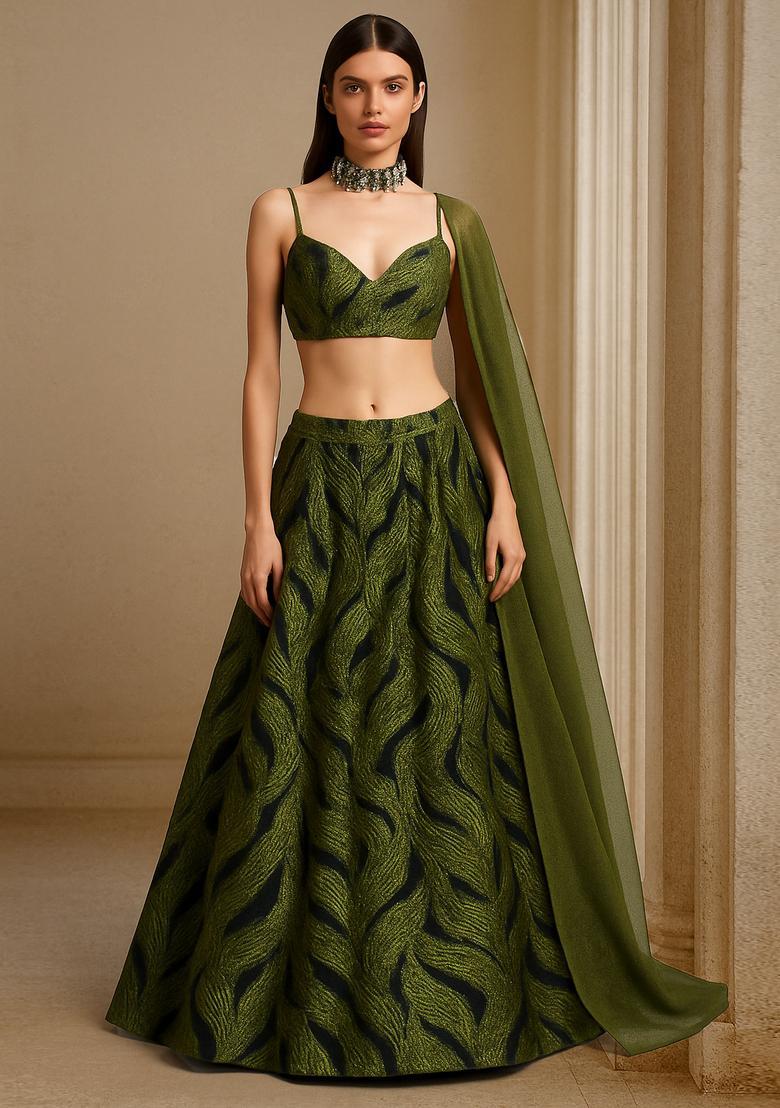 Henna Green Organza Jacquard Lehenga Set - Indya