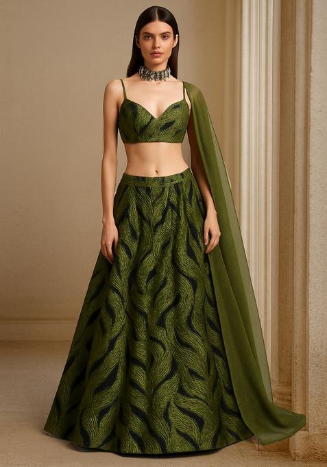 Henna Green Organza Jacquard Lehenga Set