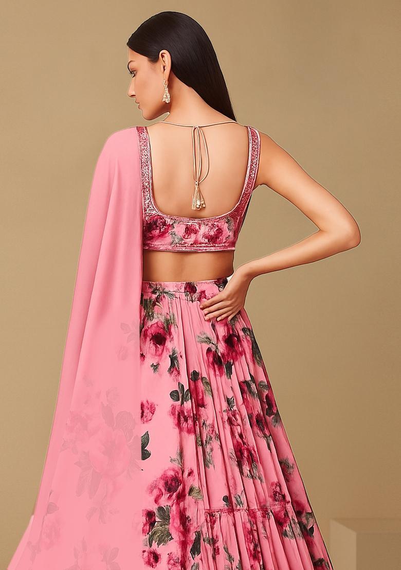 Pink Georgette Printed Lehenga Set - Indya