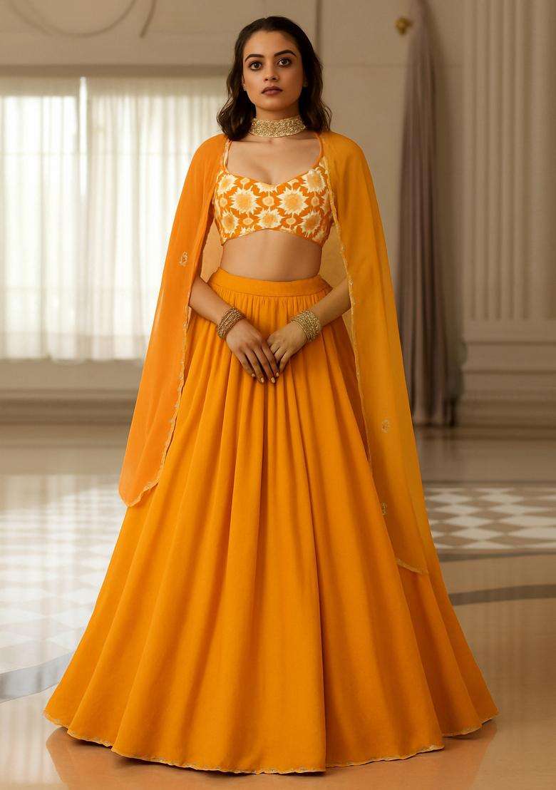 Orange Chinon Printed Blouse Lehenga Set - Indya