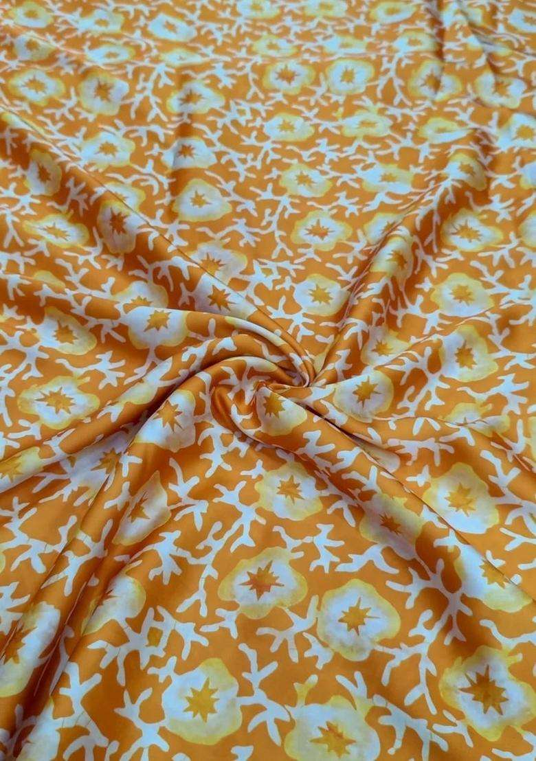 Orange Chinon Printed Blouse Lehenga Set - Indya