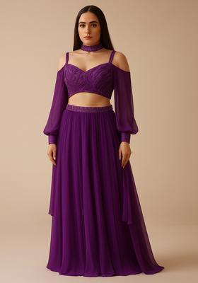 Purple Georgette Sequin Embellished Blouse Lehenga Set