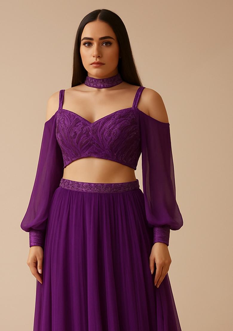 Purple Georgette Sequin Embellished Blouse Lehenga Set - Indya