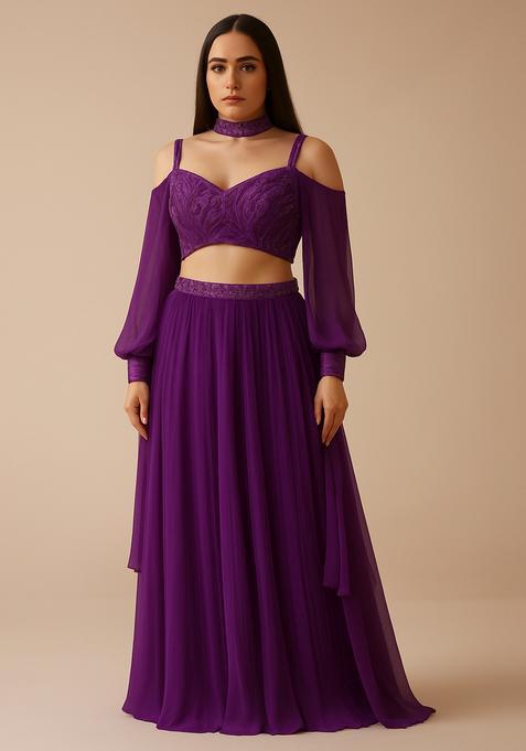 Purple Georgette Sequin Embellished Blouse Lehenga Set