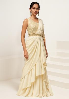 Cream Georgette Embellished Blouse Pre Draped Saree Set
