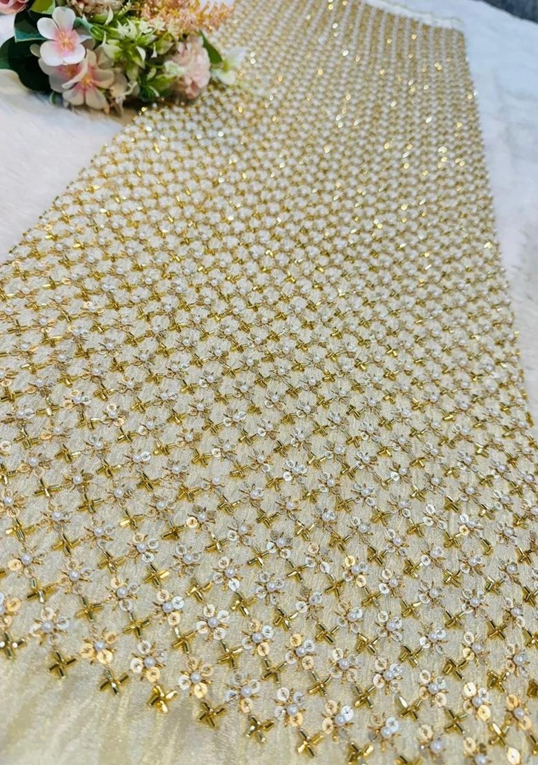 Cream Georgette Embellished Blouse Pre Draped Saree Set - Indya