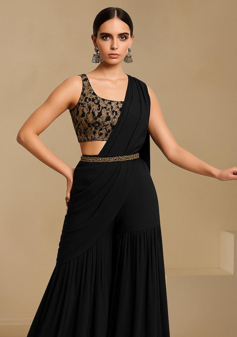 Black Georgette Embroidered Blouse Pre Draped Saree Set - Indya