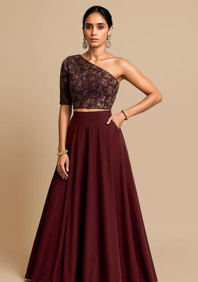 Brown Embroidered Blouse Georgette Lehenga Set