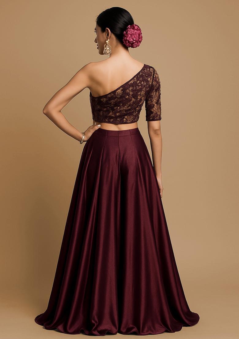 Brown Embroidered Blouse Georgette Lehenga Set - Indya