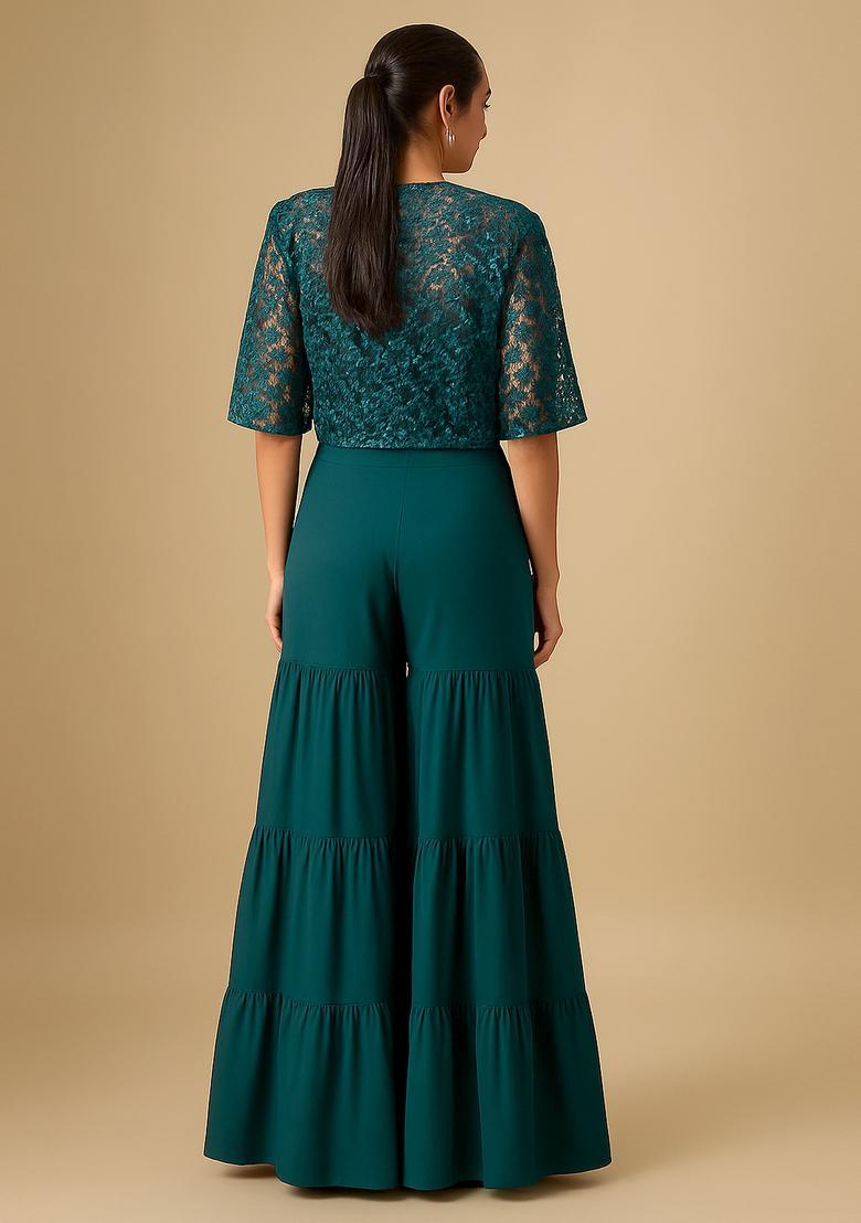 Teal Green Georgette Embroidered Fusion Set - Indya