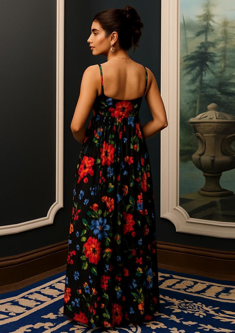 Black Crepe Printed Dress - Indya