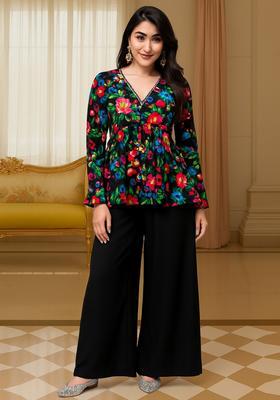 Black Floral Print Crepe Co Ord Set