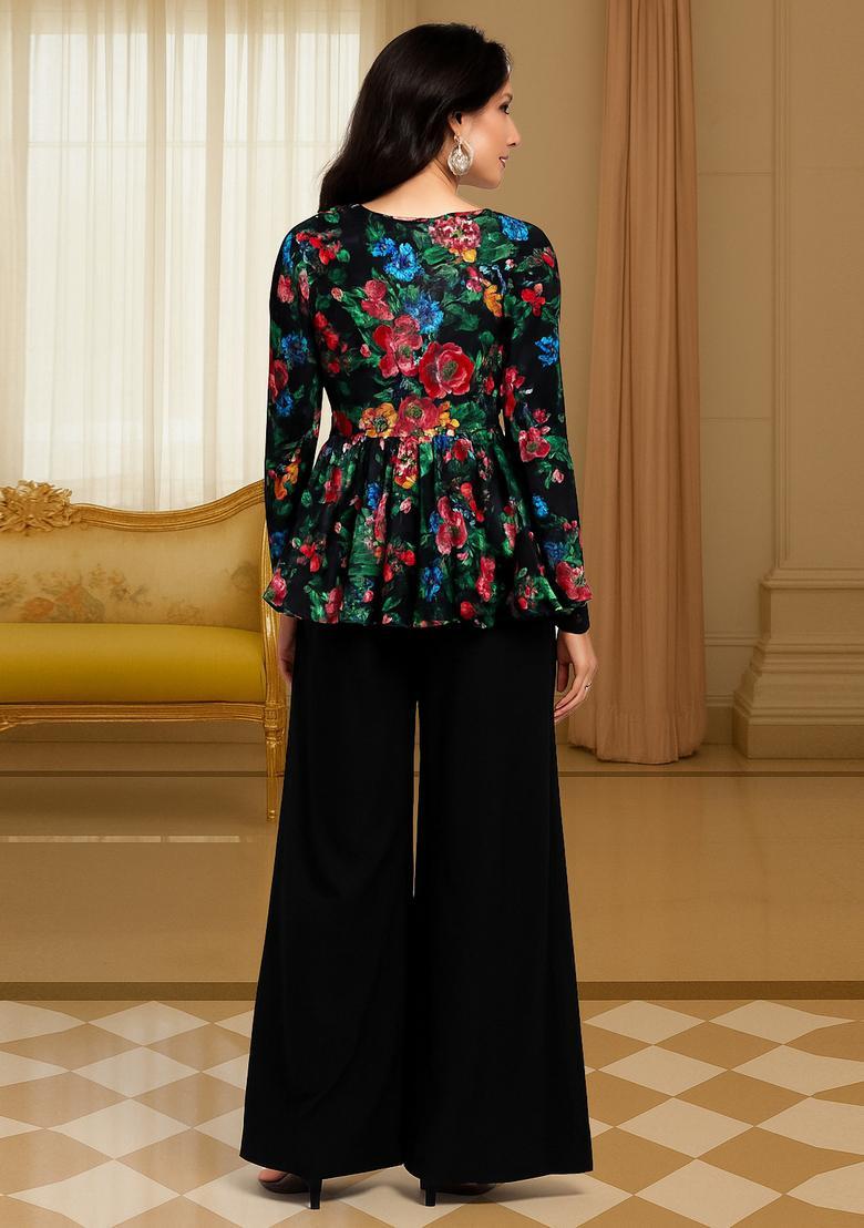 Black Floral Print Crepe Co Ord Set - Indya