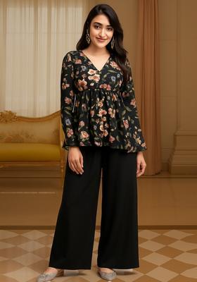 Black Floral Print Crepe Co Ord Set