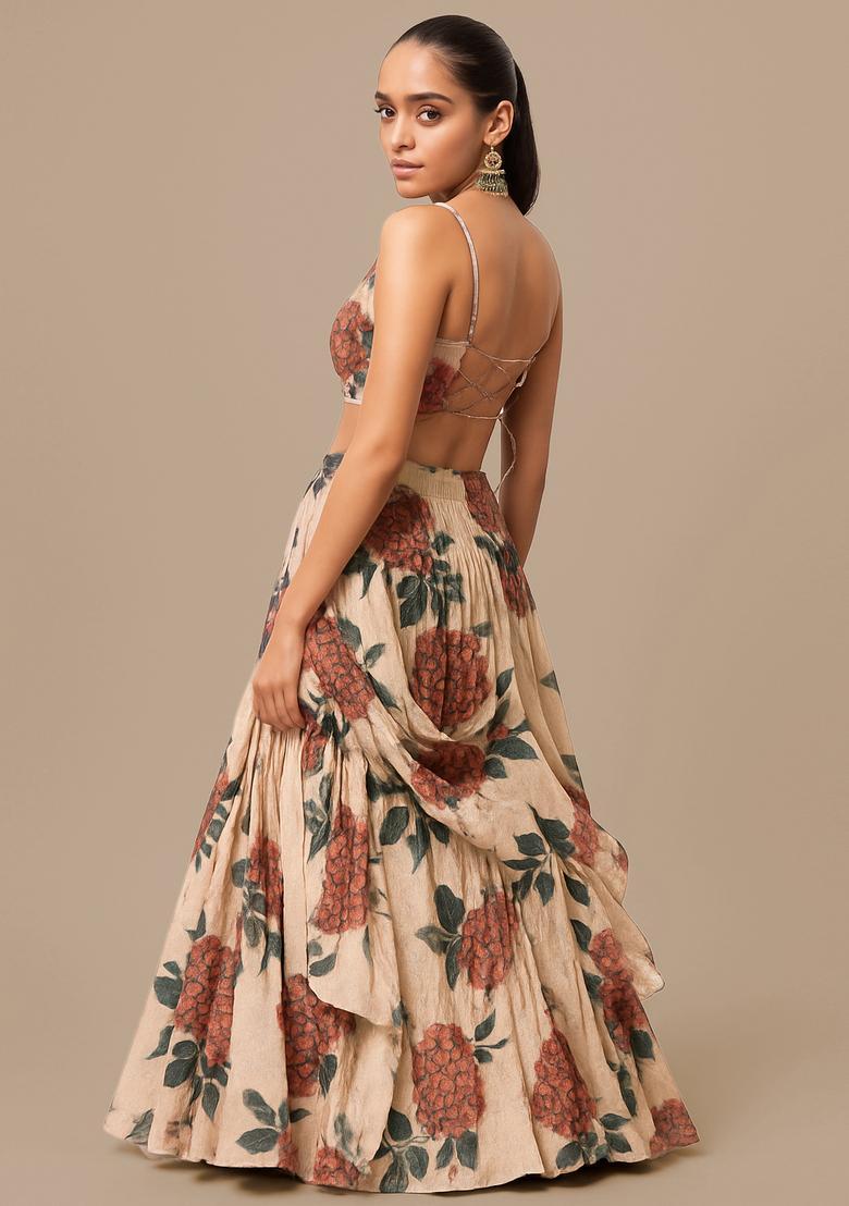 Light Brown Satin Printed Lehenga Set - Indya