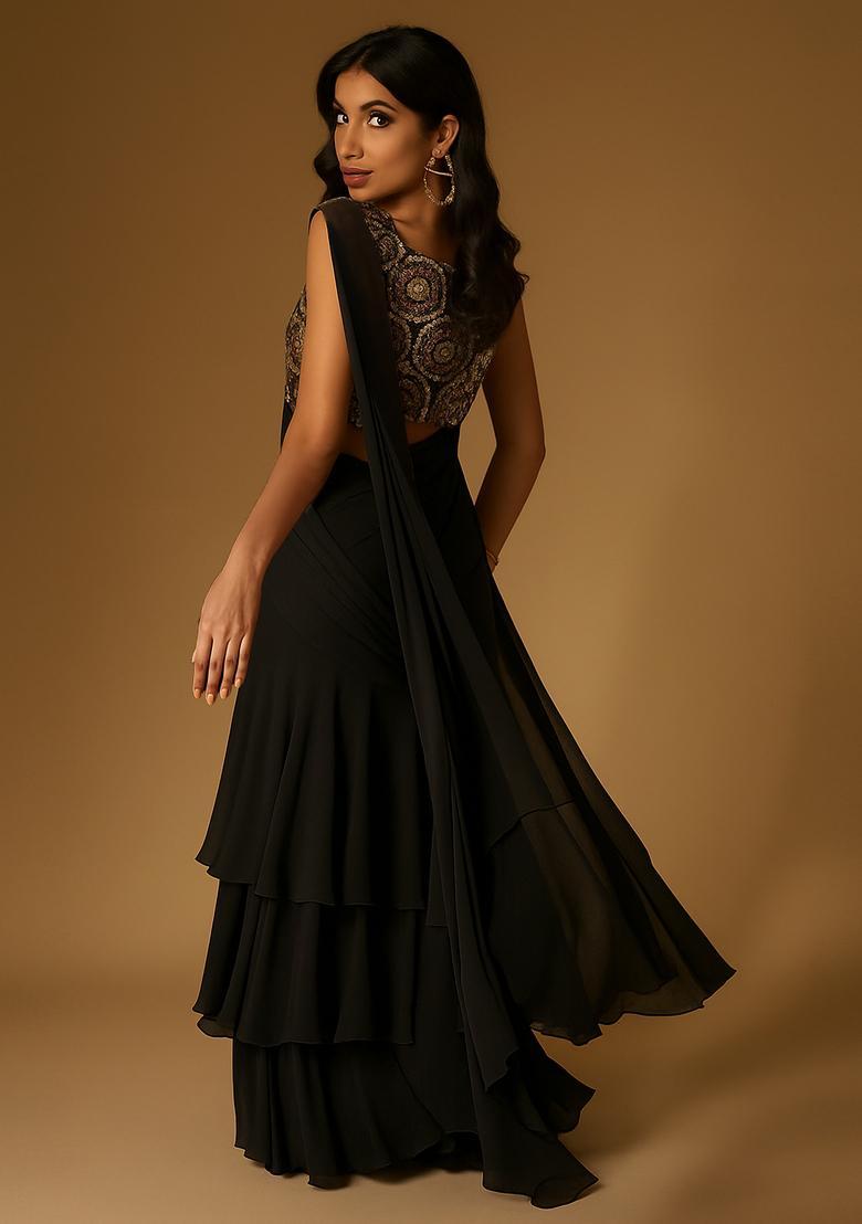 Black Chinon Sequin Embroidered Blouse Pre Draped Saree Set - Indya