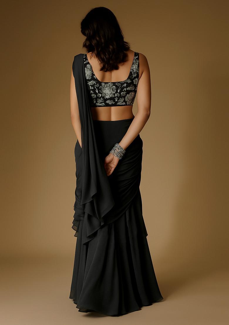 Black Chinon Sequin Embroidered Blouse Pre Draped Saree Set - Indya