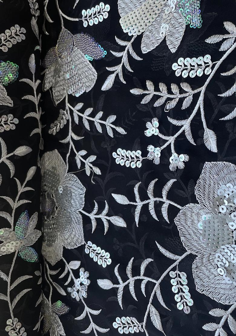 Black Chinon Sequin Embroidered Blouse Pre Draped Saree Set - Indya