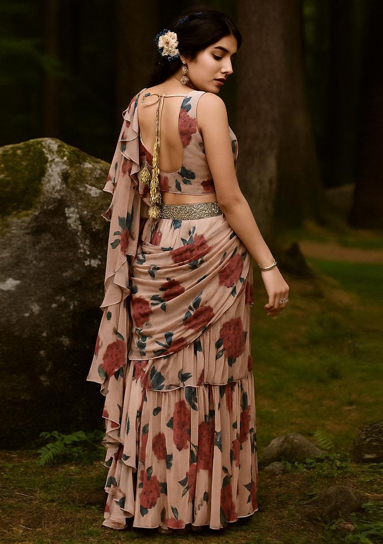Light Brown Satin Printed Pre Draped Saree Set - Indya