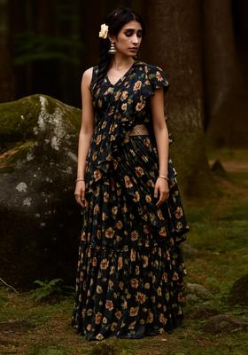 Black Georgette Printed Pre Draped Saree Set