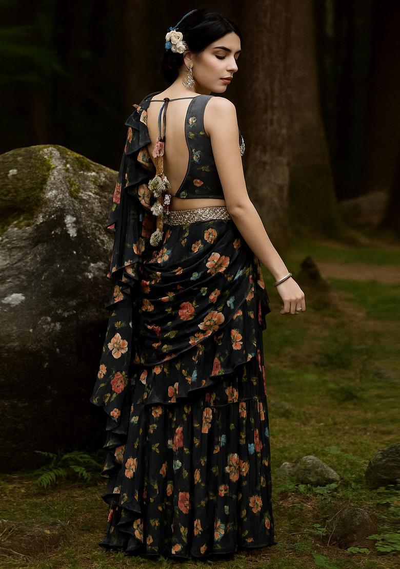 Black Georgette Printed Pre Draped Saree Set - Indya