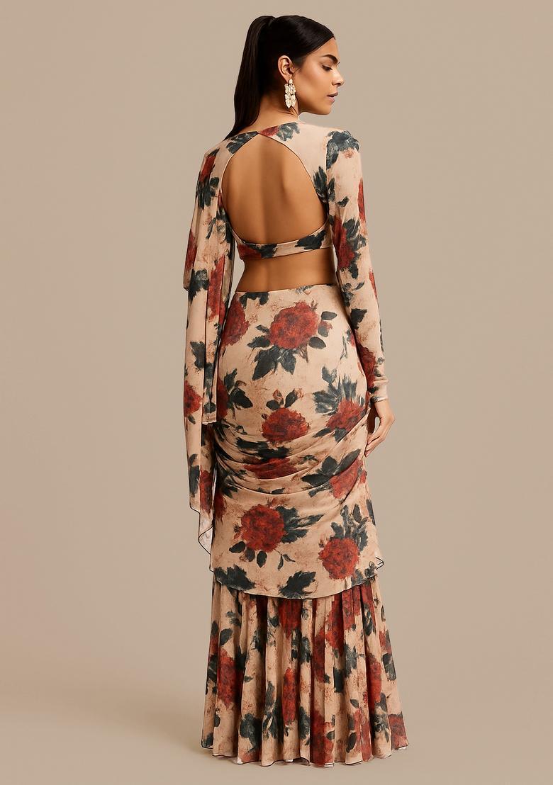 Light Brown Satin Printed Pre Draped Saree Set - Indya