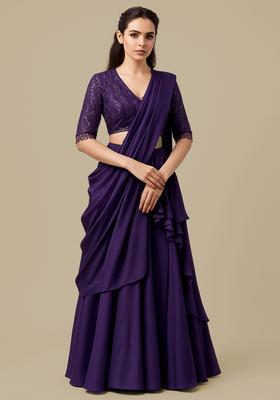 Purple Sequin Blouse Georgette Pre Draped Saree Set