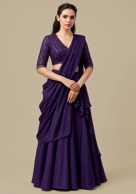 Purple Sequin Blouse Georgette Pre Draped Saree Set