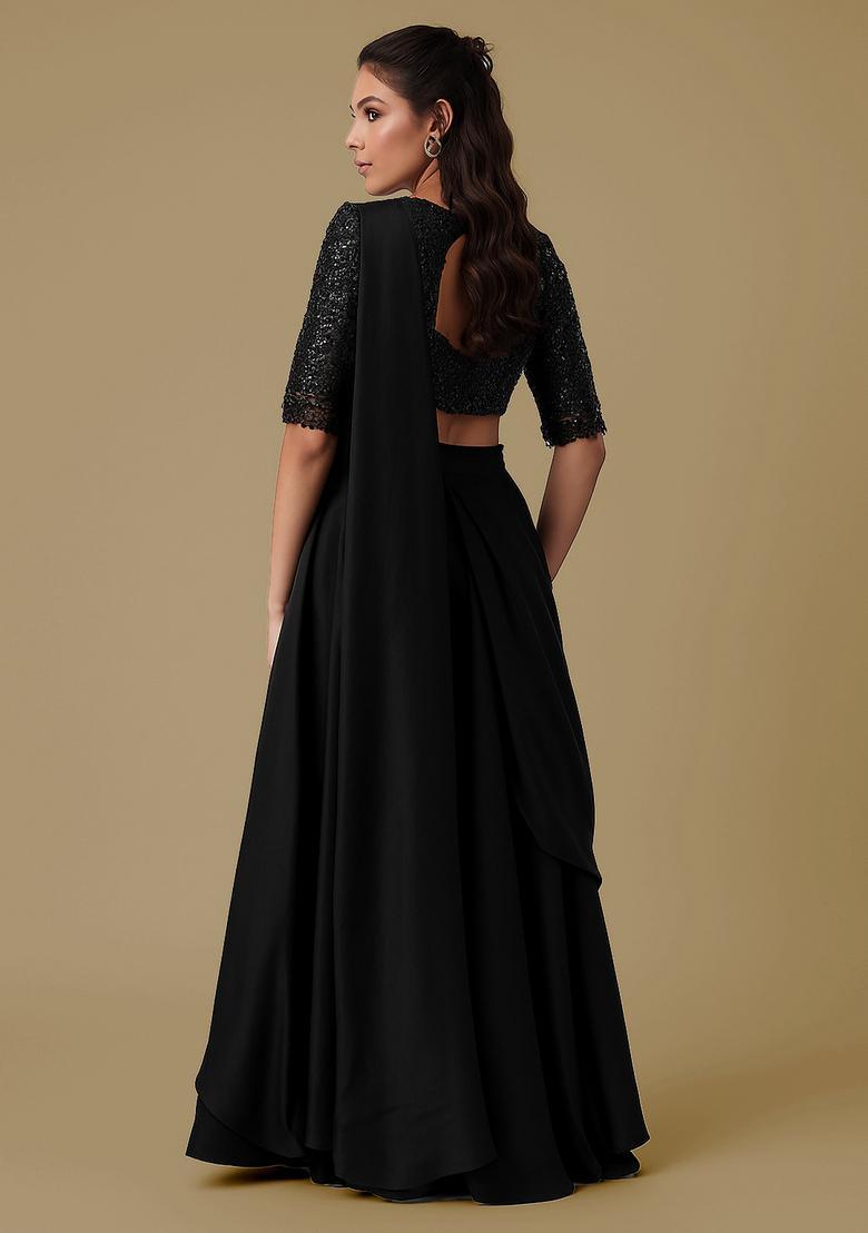 Black Sequin Blouse Georgette Pre Draped Saree Set - Indya