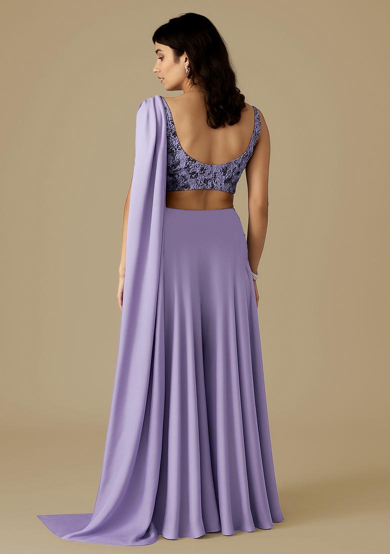 Lilac Sequin Blouse Georgette Pre Draped Saree Set - Indya