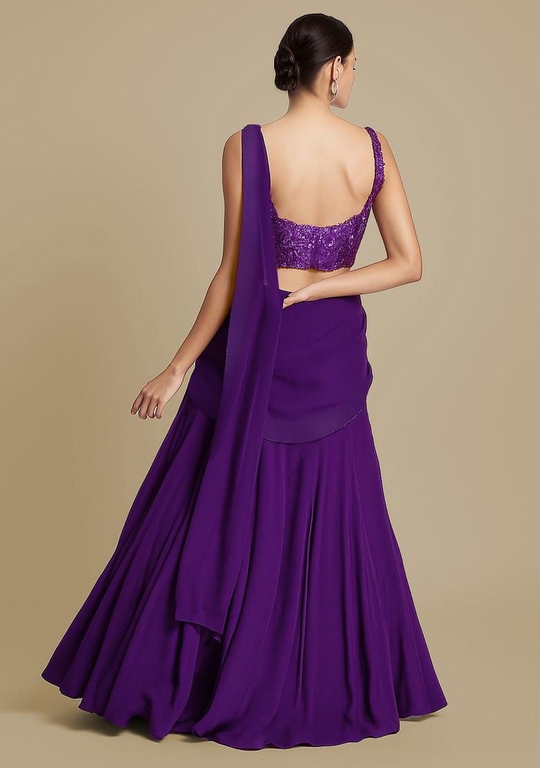 Purple Sequin Blouse Crepe Pre Draped Saree Set - Indya