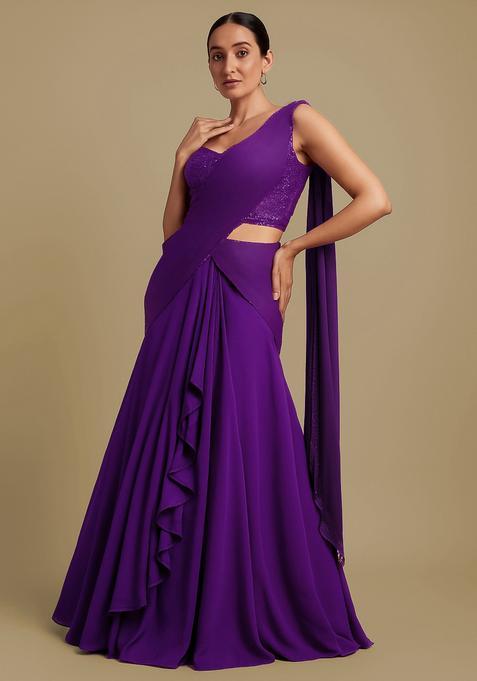 Purple Sequin Blouse Crepe Pre Draped Saree Set