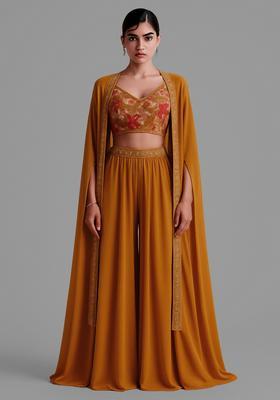 Mustard Embroidered Blouse Georgette Fusion Set