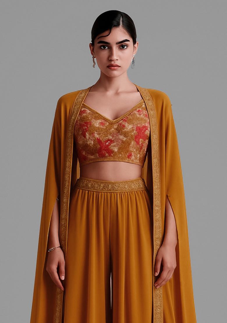 Mustard Embroidered Blouse Georgette Fusion Set - Indya