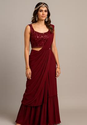 Maroon Embellished Blouse Georgette Fusion Set