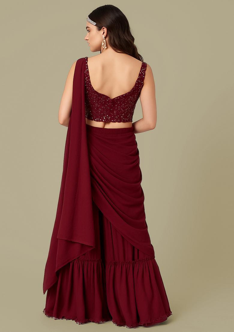 Maroon Embellished Blouse Georgette Fusion Set - Indya